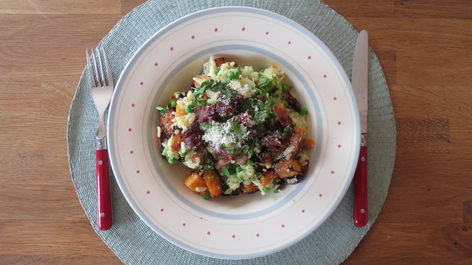 Cooking for Sanity Butternut squash, pea and streaky bacon risotto