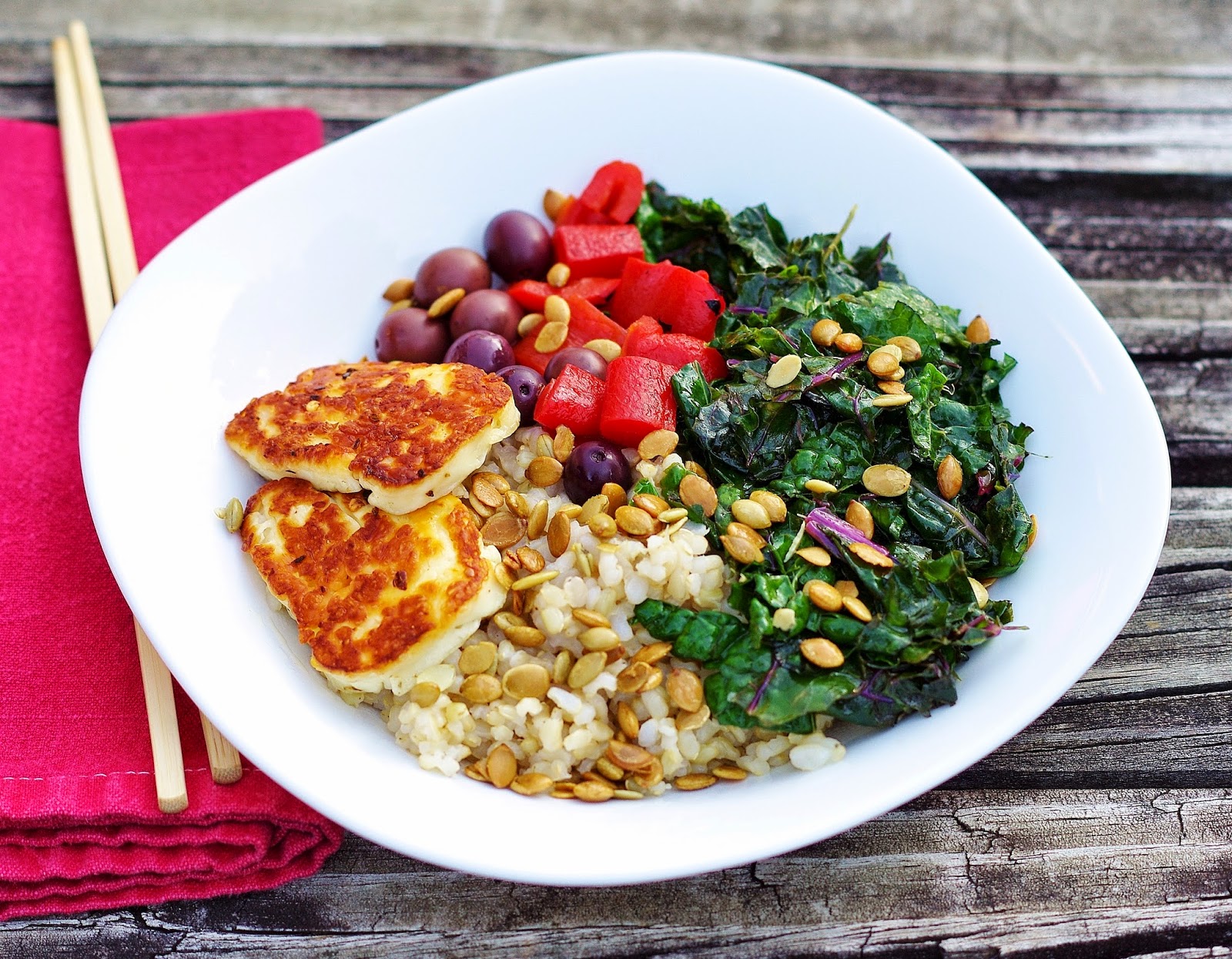 Sage Trifle Brown Rice Bowl with Grilled Halloumi Cheese and Massaged Kale