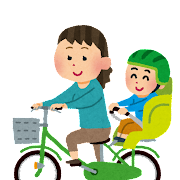 自転車の二人乗りのイラスト「お母さんとチャイルドシートに乗った子供」
