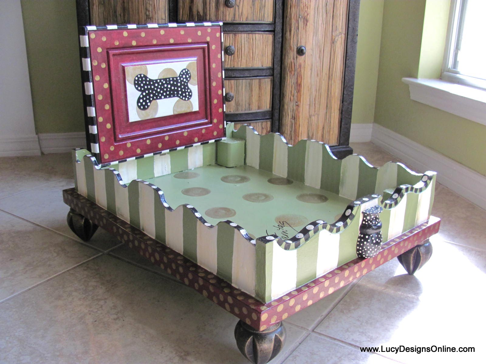 Hand Painted Dog Bed from an End Table with Hand Painted Cushion Lucy