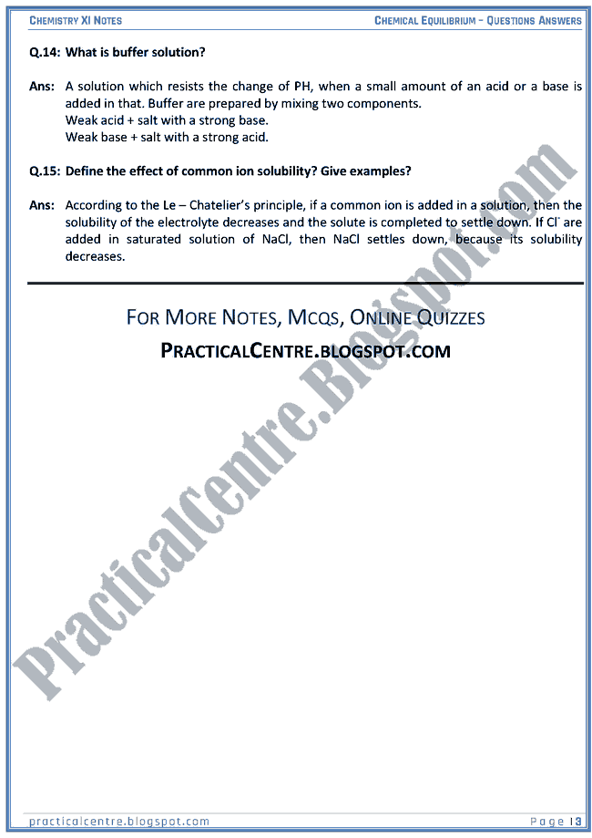 Chemical Equilibrium - Questions Answers - Chemistry XI