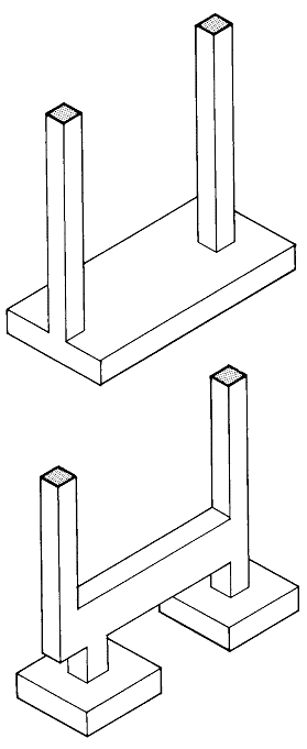 Either a combined footing (top) or a cantilevered footing (bottom) is used when columns must abut a property line. By combining the foundation for the column against the property line, at the left, with the foundation for the next interior column to the right in a single structural unit, a balanced footing design can be achieved. The concrete reinforcing steel has been omitted from these drawings for the sake of clarity. Either a combined footing (top) or a cantilevered footing (bottom) is used when columns must abut a property line. By combining the foundation for the column against the property line, at the left, with the foundation for the next interior column to the right in a single structural unit, a balanced footing design can be achieved. The concrete reinforcing steel has been omitted from these drawings for the sake of clarity.