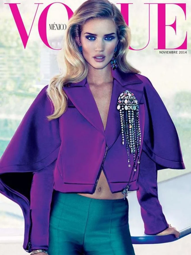 Rosie Huntington Whiteley poses in a Versace pant suit for Vogue Mexico November 2014