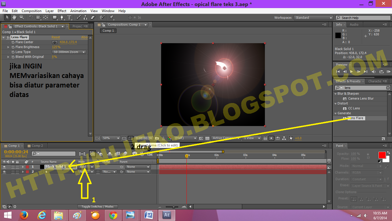 Cara membuat efek tulisan cahaya (lens flare) di Adobe