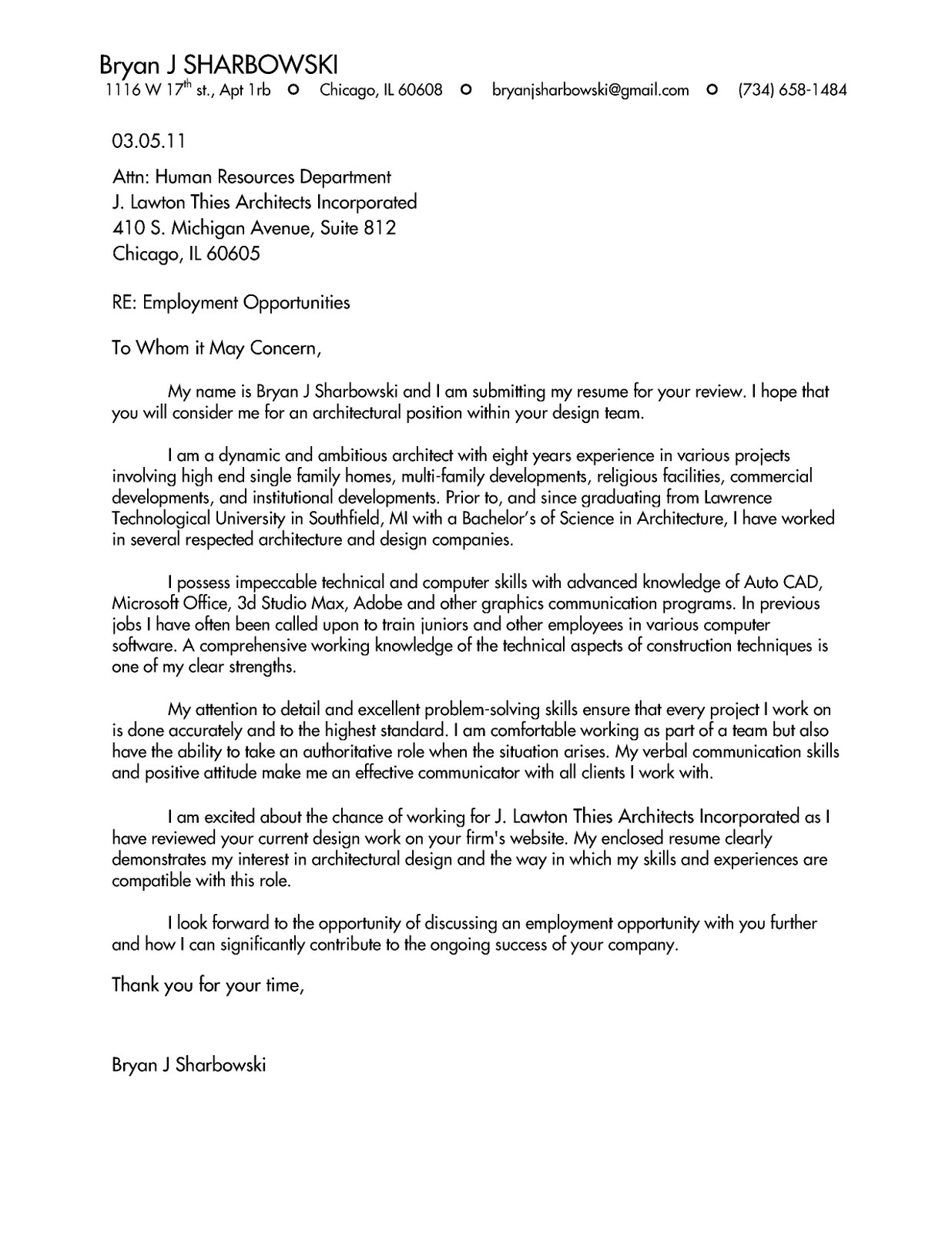 architect. interrupted. Cover Letter Example