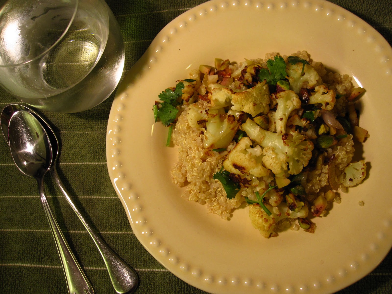 Edible biology Roasted cauliflower, shallot, pistachio and green olive