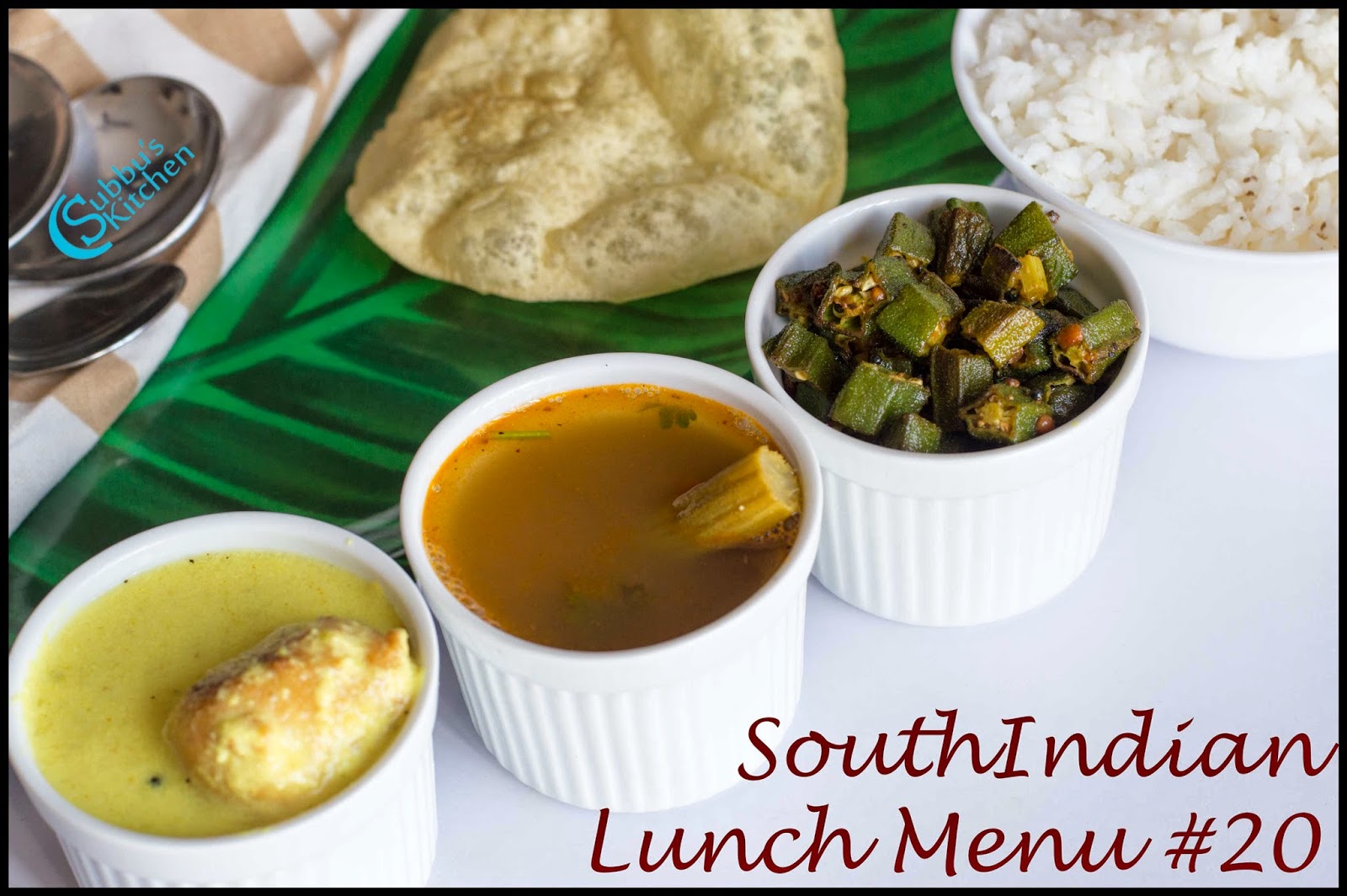 South Indian Lunch Menu 20 - Bonda Morkuzhambu, Drumstick Rasam, Ladysfinger Fry, Papad and Plain Rice South Indian Lunch Menu 20 - Bonda Morkuzhambu, Drumstick Rasam, Ladysfinger Fry, Papad and Plain Rice