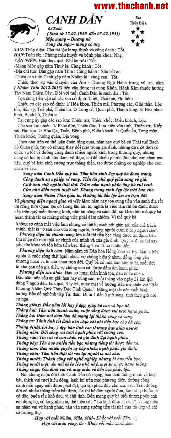 vi tuổi Canh Dần nữ mạng - Thái Ất tử vi 2012 Nhâm Thìn