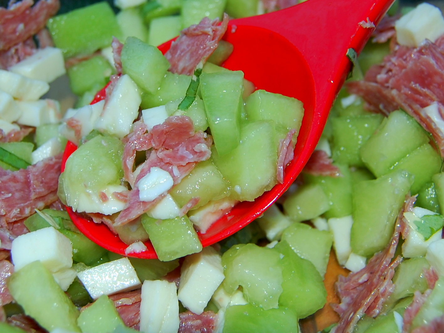 Daily*Dishin Honeydew Salad with Genoa Salami and Mozzarella Fresca