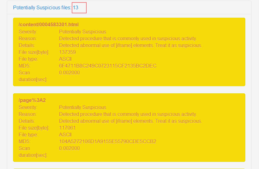JavaScript exploit detected in 13 files JavaScript exploit detected in 13 files