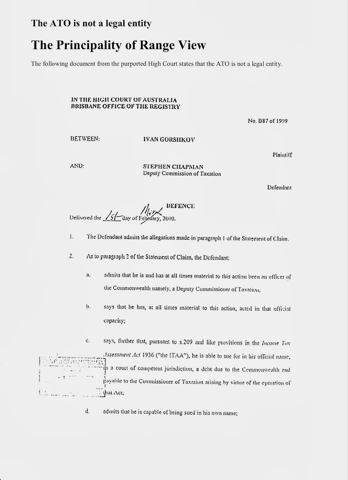 Corporate Australia Australian Tax Office (ATO) is NOT a legal entity