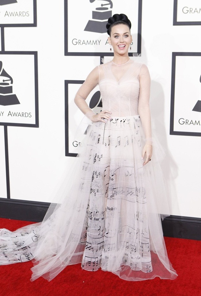 2014 Grammy Awards LA, Katy Perry cf. Chic Wish 2015 SS Dance With Music Notes Pleated Midi Skirt