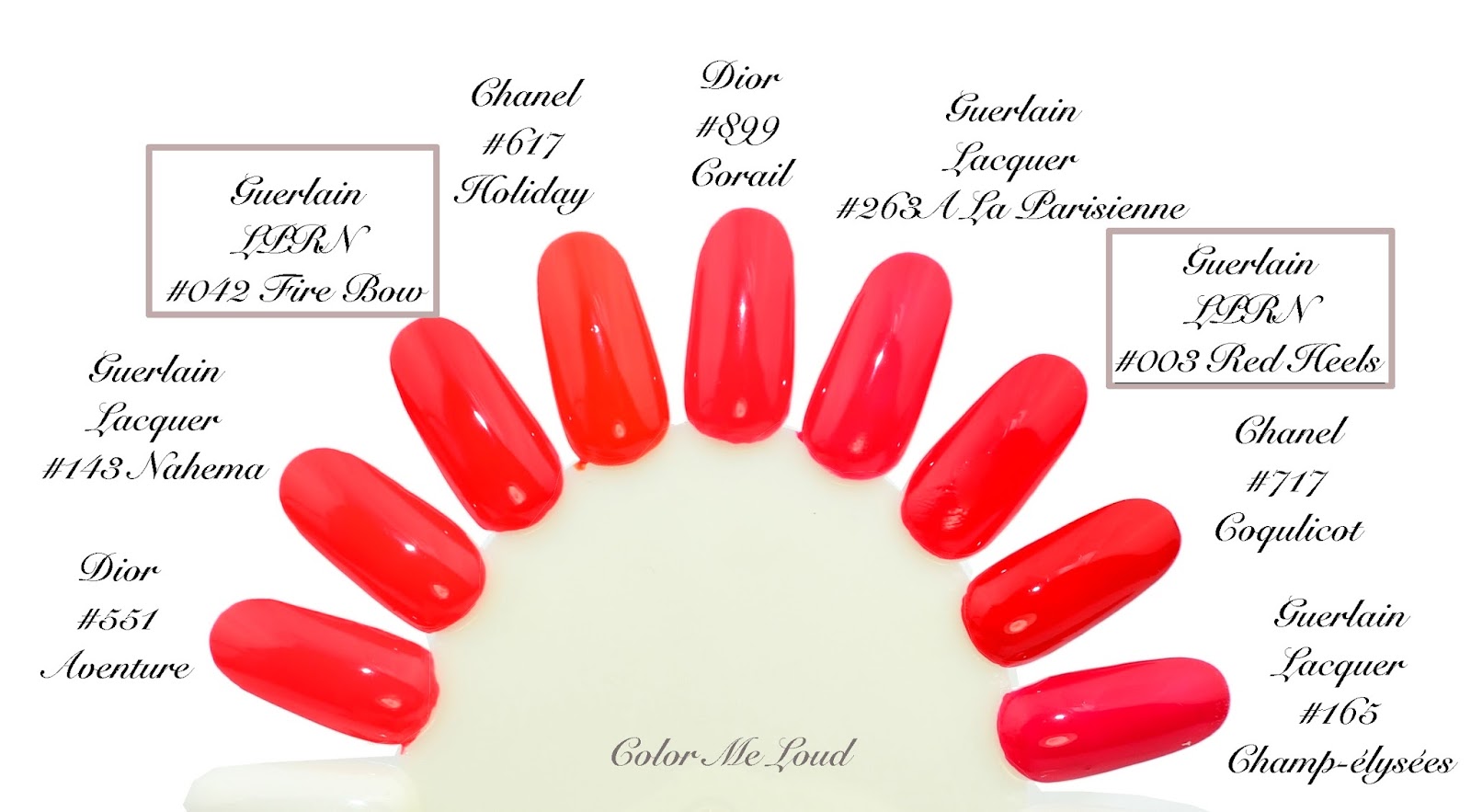 Guerlain La Pee Robe Noire Nail Polishes Review Swatch Swatch Comparison Guerlain La Pee Robe Noire 042 Fire Bow 003 Red Heels