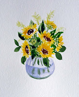 Sunflowers Bouquet Watercolor card Round glass vase