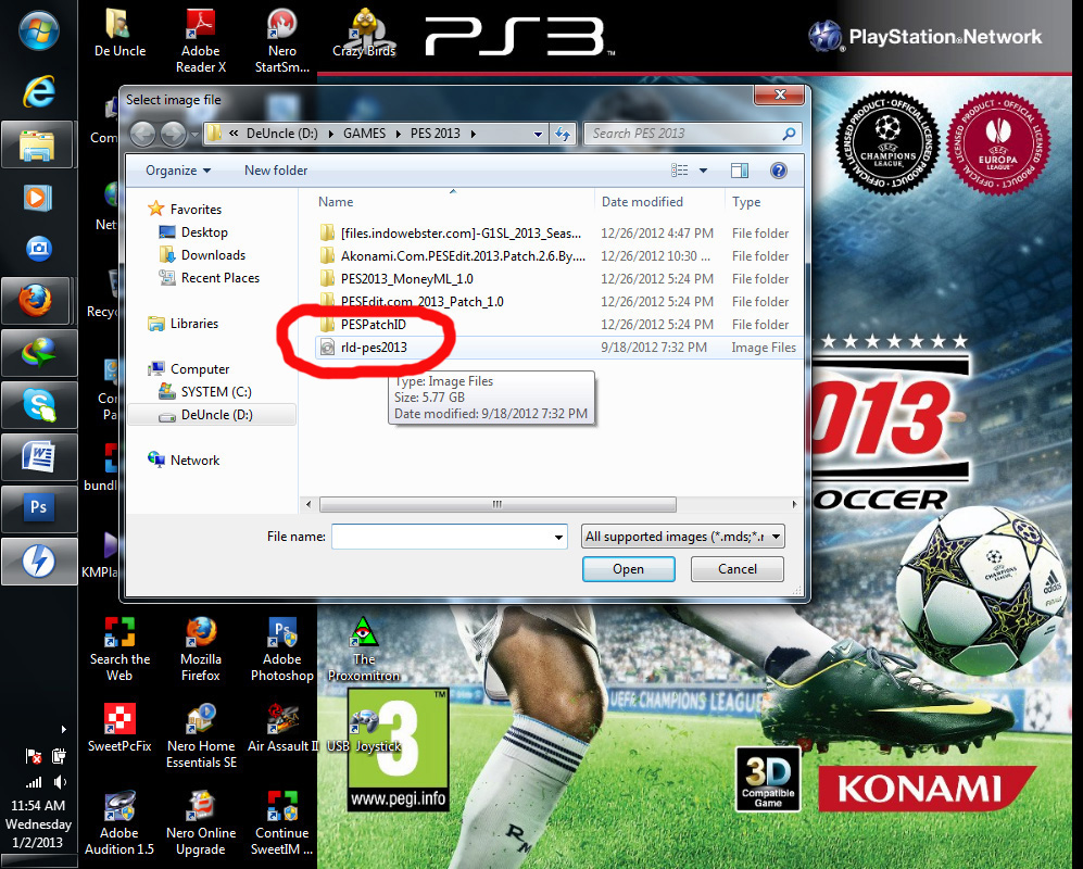dimana file Iso Master Game PES 2013 di simpan, klik file iso dan Open