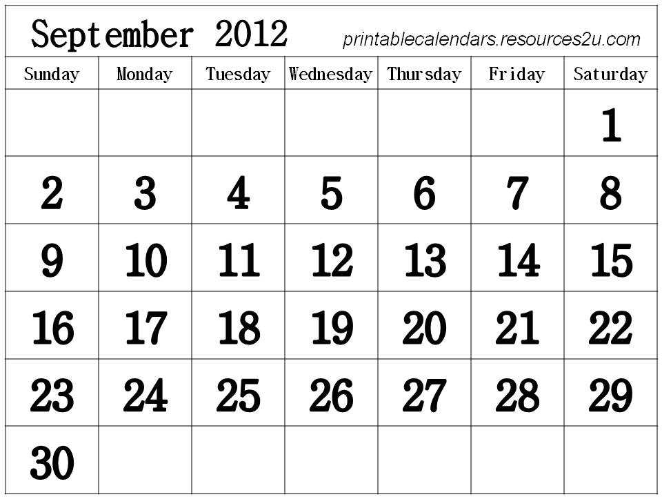  ... : September 2012 Calendar printable template (Sept 2012 / Sep 2012
