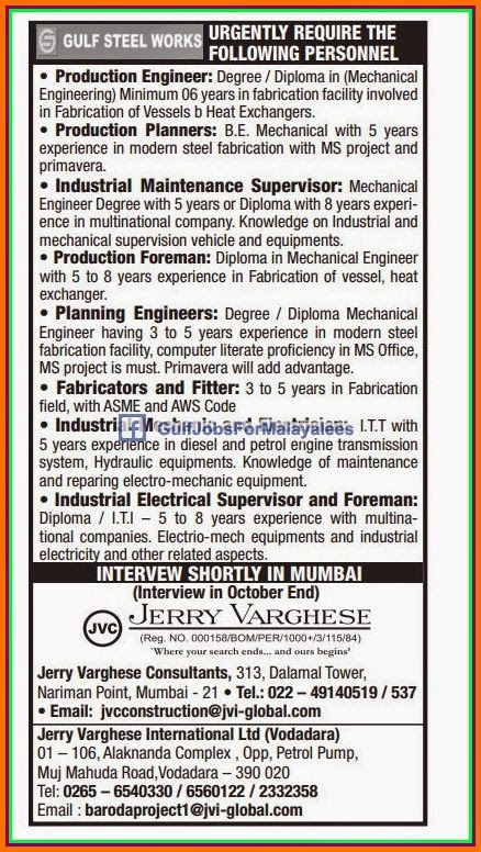 gulf steel works job vacancies gulf jobs for malayalees gulf steel works