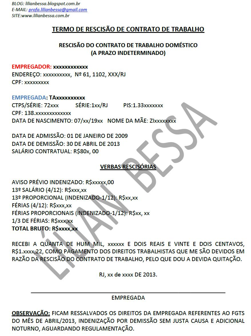 PROFESSORA LÍLIAN BESSA: EMPREGADA DOMÉSTICA: MODELO DE RESCISÃO DE