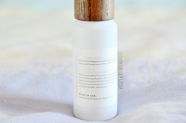 Farmacy New Day Gentle Exfoliating Grains Review The New Day gentle exfoliating grains are sold at Sephora, QVC, or on Farmacy's site, and a 3.5oz/100g bottle sells for $30. The main ingredients are white rice bran powder than absorbs excess oils, cranberry seeds that deeply clean and exfoliate skin, and a complex of white willow bark, carrot, green tea, and marshmallow to soothe skin.
