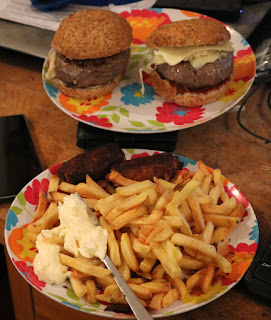 Burger, chips and some filo pastry things Burger, chips and some filo pastry things
