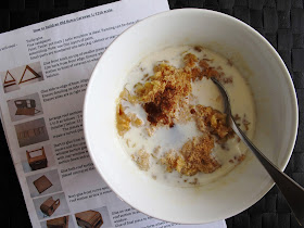 Bowl of porridge, with instructions for a 1/12 scale retro caravan kit underneath it.