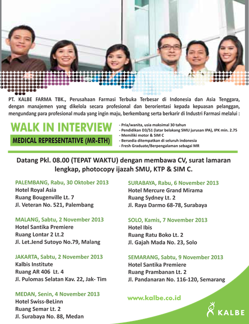 Ikuti Walk In Interview Kalbe Farma Yang Diadakan Dikota Palembang Jakarta Malang Medan Surabaya Solo Dan Semarang Pendidikan Min D3 Syarat Lokasi Baca Di Info Lowongan Kerja Lulusan Sma Smk