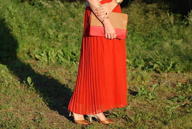 Vancouver fashion blogger,Eyelash lace crop top, pleated red maxi skirt, Ily Couture statement necklace, Aldo Heliette heels and a Gap clutch.