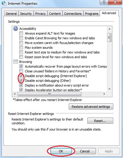 Gambar 3 - Centang kedua kotak opsi tersebut, kemudian klik OK. Cara Menonaktifkan Debugging Script (Disabling Script Debugging)