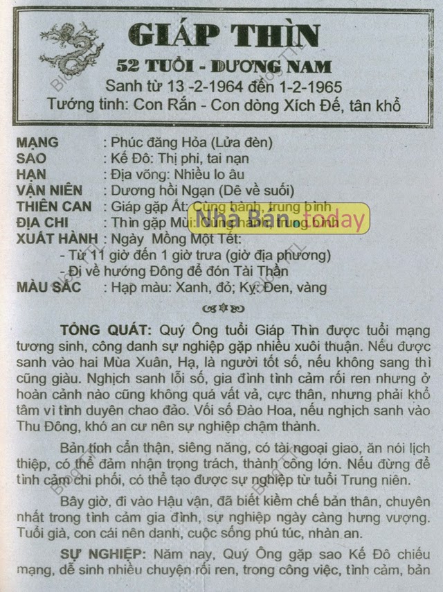 TỬ VI TUỔI GIÁP THÌN 1964 NĂM 2015