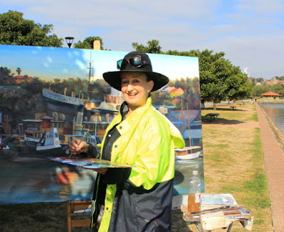 plein air painting of the Sydney Heritage Fleet from Blackwattle Bay painted by industrial heritage artist Jane Bennett