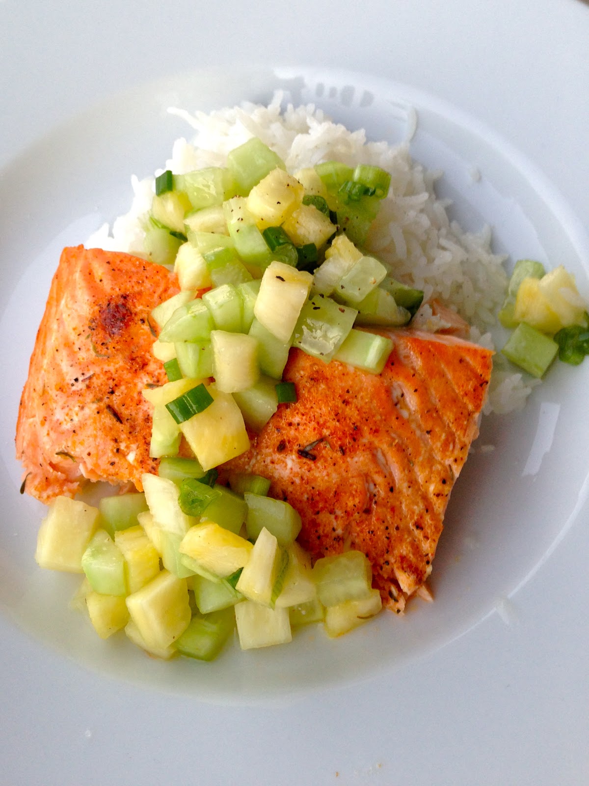 Domestic Charm Salmon with Cucumber Pineapple Salsa