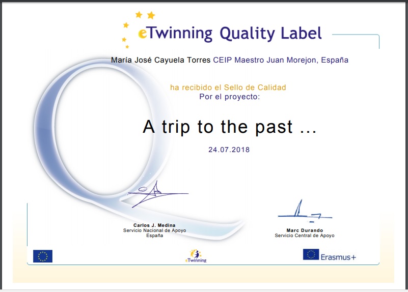 Sello de Calidad eTwinning al proyecto "A trip to the past".