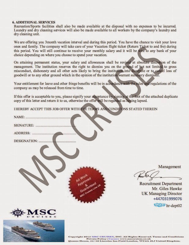 Consumer Watchdog Yet another recruitment scam MSC Cruises