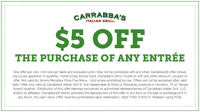 carrabbas $5 off an entree printable coupon