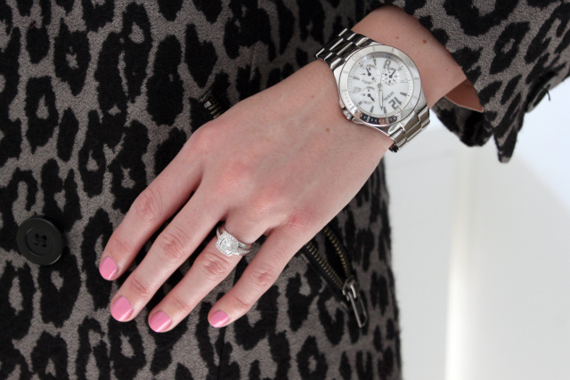 Outfit details Grey and black leopard pea coat Reiss pink silk shirt 