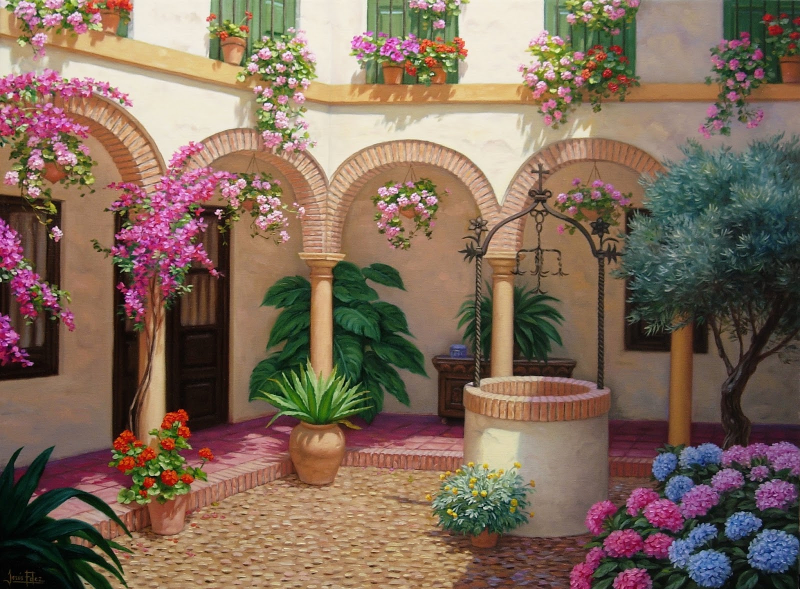 Jesús Fernández, pintor Patio andaluz con pozo y olivo