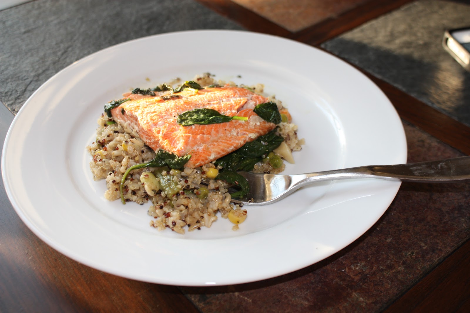 Chow and Chatter Salmon with Sauteed Spinach over Quinoa