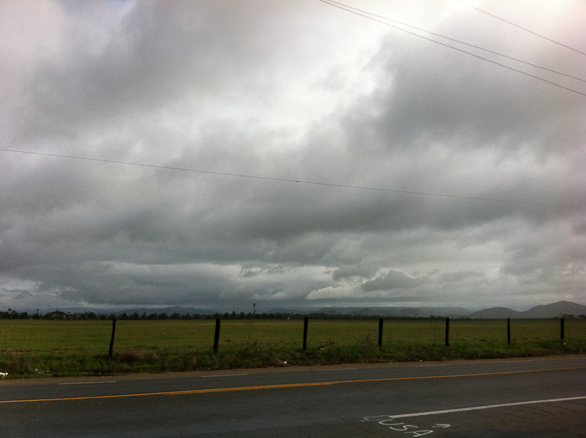 Fresno, CA road and field, gray sky