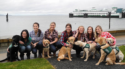 Seven Delta Gamma sorority members wearing plaid shirts and jeans crouch next to six GDB Guide Dog puppies-in-training