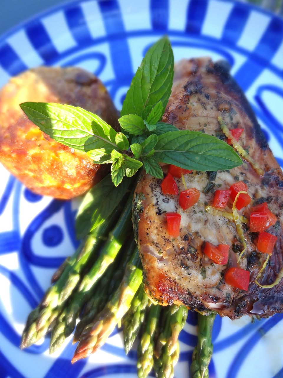 Scrumpdillyicious Asian Marinated Swordfish & Jalapeño Corn Pudding