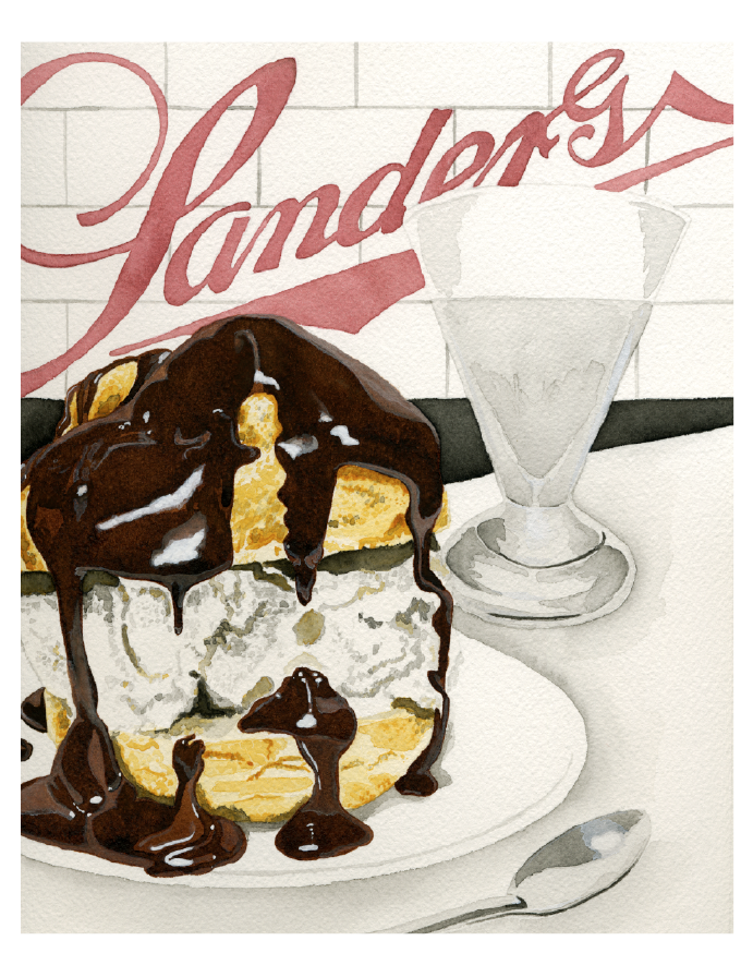 cheryl oz designs Sanders Hot Fudge Cream Puff Watercolor Painting