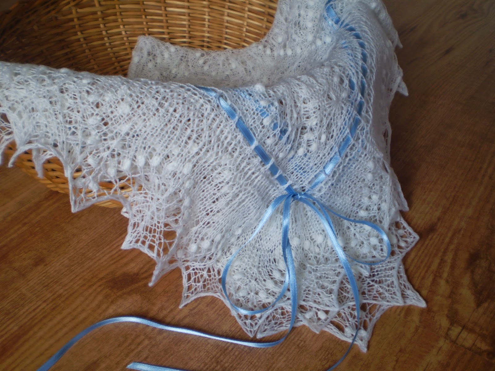 KnitANDlace Christening shawl with blue ribbom