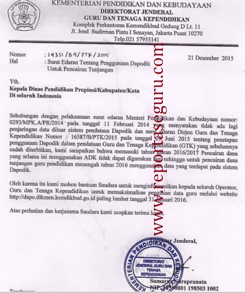 Resmi Kemendikbud Surat Edaran Penggunaan Dapodik Untuk Pencairan Tunjangan Guru Mulai 2016 Reportase Guru
