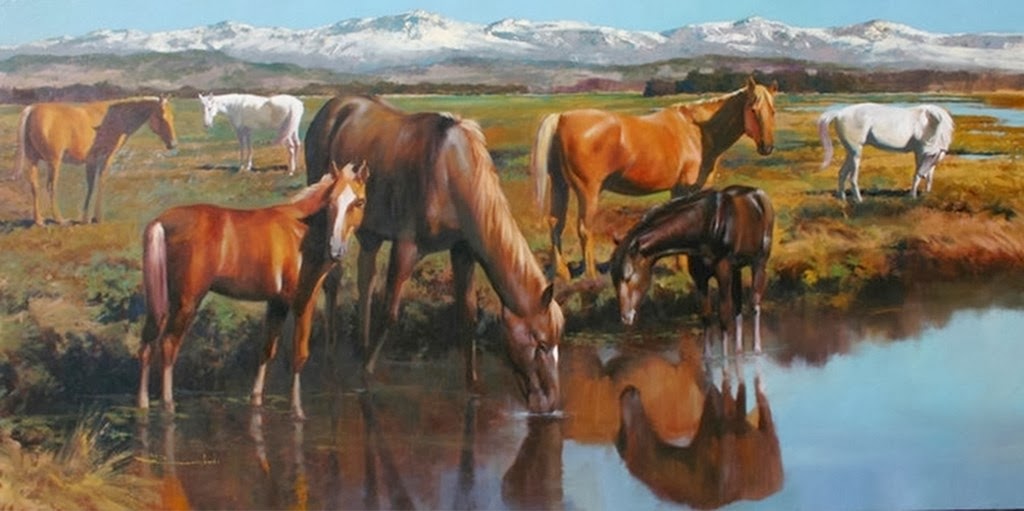 paisaje-con-caballos-tomando-agua-cuadro-al-oleo paisaje-con-caballos
