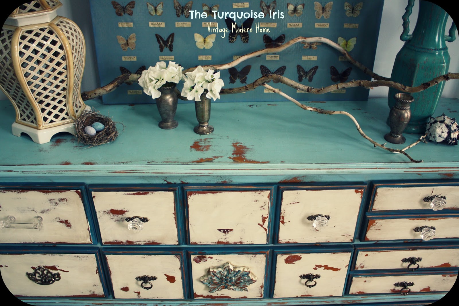 The Turquoise Iris Furniture & Art Vintage Distressed Dresser in
