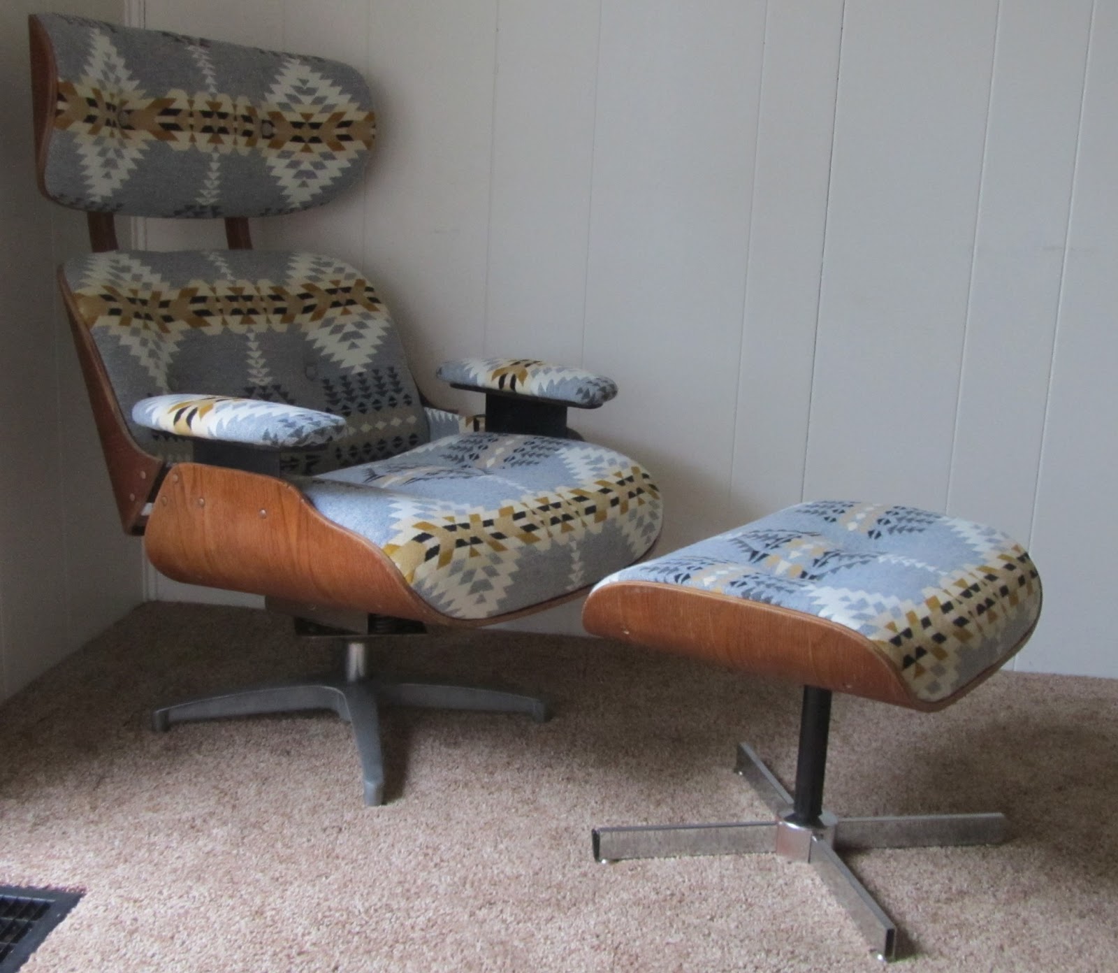 Remnant Reupholstered Eames Style Lounge Chair & Ottoman in Pendleton