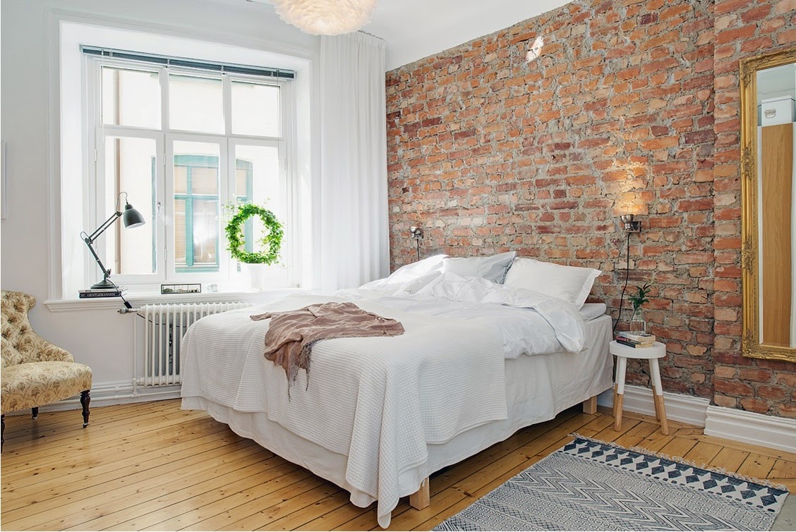 My bohemic home: tegelvägg i kök, vardagsrum och sovrum