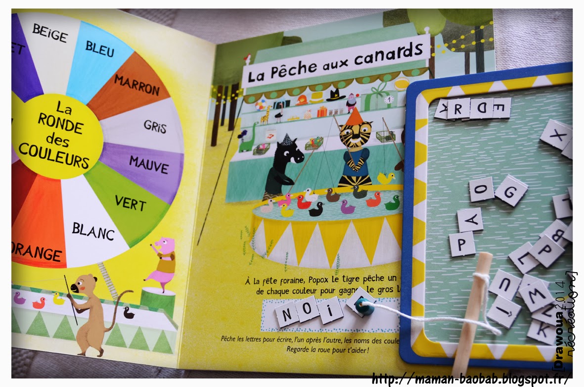 Une cane   pªche dont l hame§on est un aimant une quarantaine de lettres magnétiques un livre qui fait plateau de jeu et sur lequel l enfant évolue me