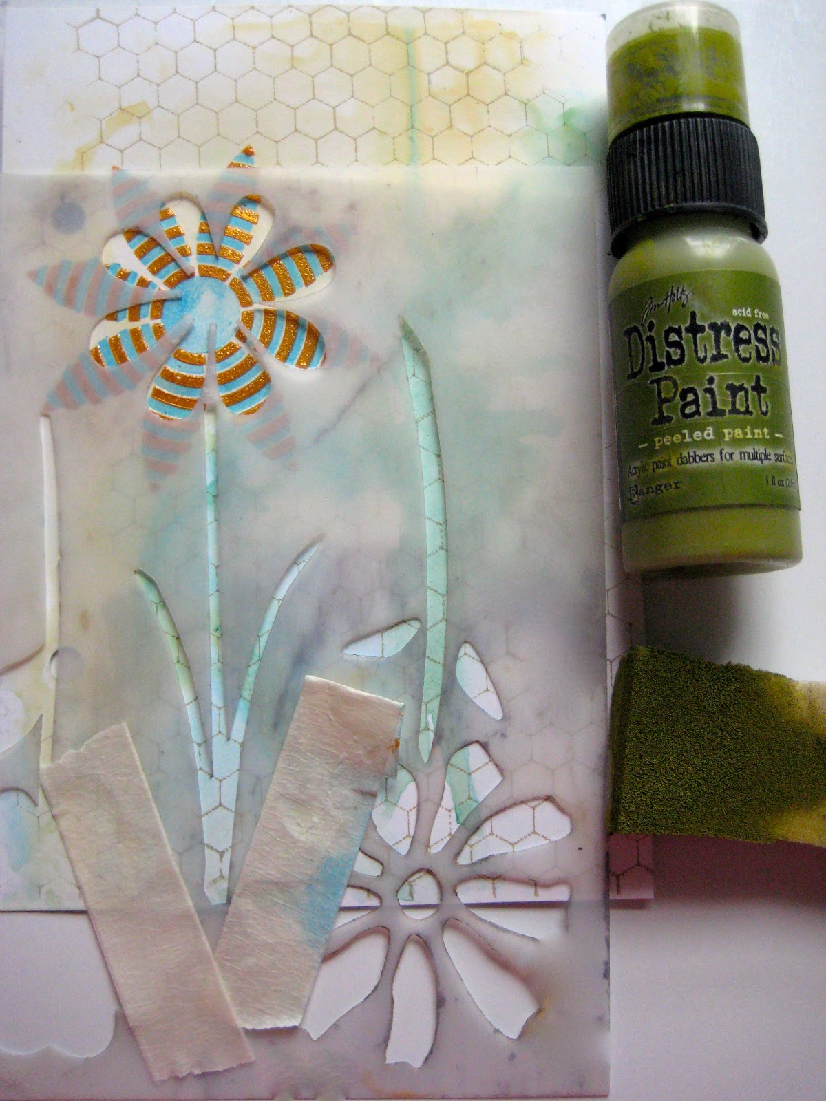 Studio 490 metallic embossing paste + lots of distress