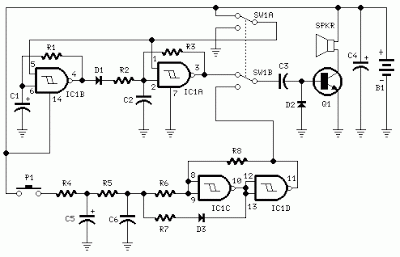 Single -IC Dual-tones Siren Circuits Diagram